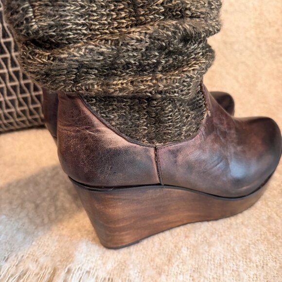 BED STU Bruges Teak Rustic Brown Leather Bootie Boots Slouch Wooden Wedge Sz 8.5 - Picture 6 of 16